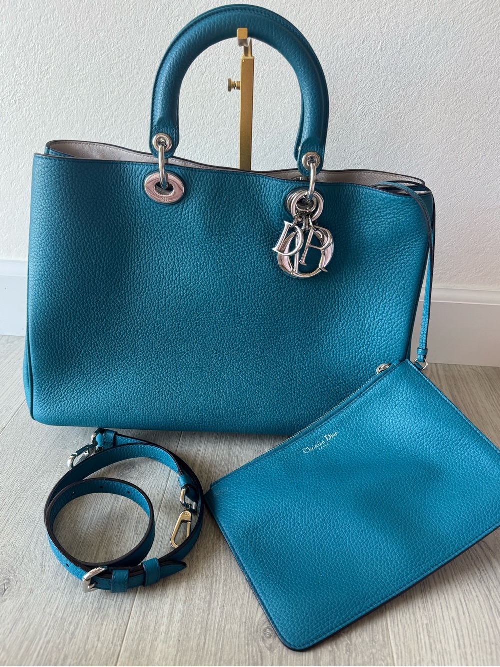 Dior Diorissimo Large Teal Blue Pebbled Leather Satchel with Pouch